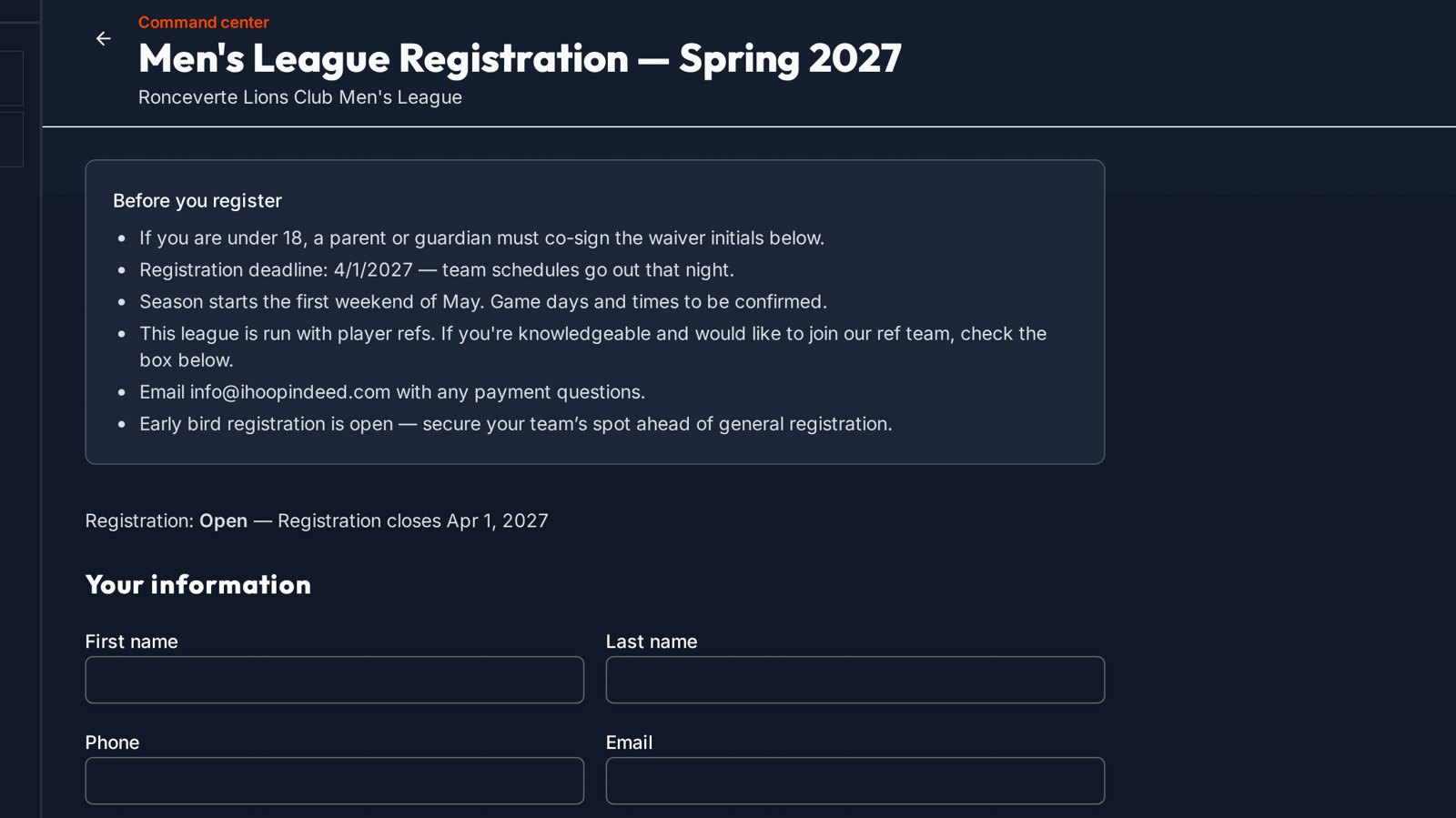 Ronceverte Lions Club Men's League online registration form on iHOOP iNDEED