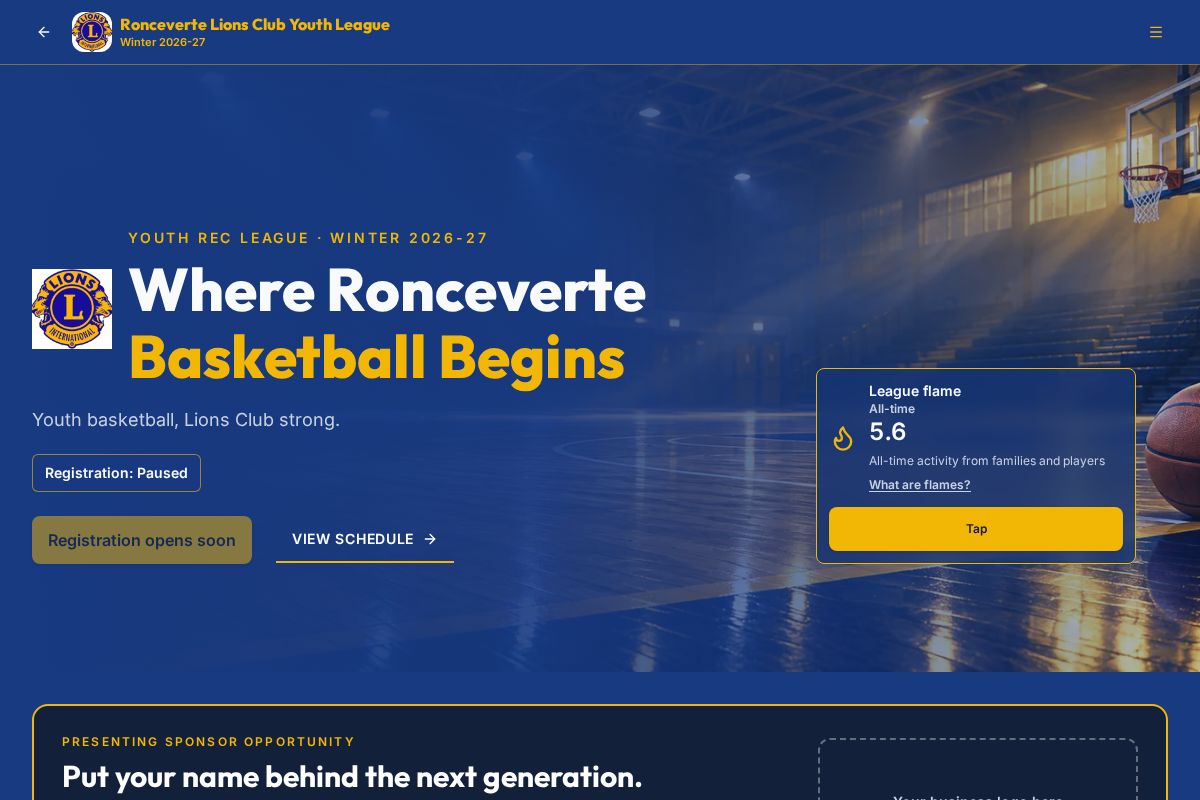 Youth league page with season details on iHOOP iNDEED